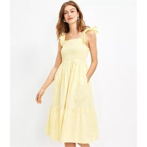 LOFT Yellow Smocked Ruffle Maxi Dress with Pockets